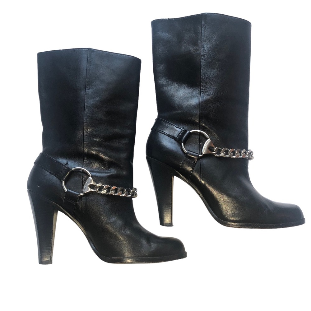 Michael Kors Black Leather Silver Chain Stack Heel Boots—Women’s size 6 1/2 M